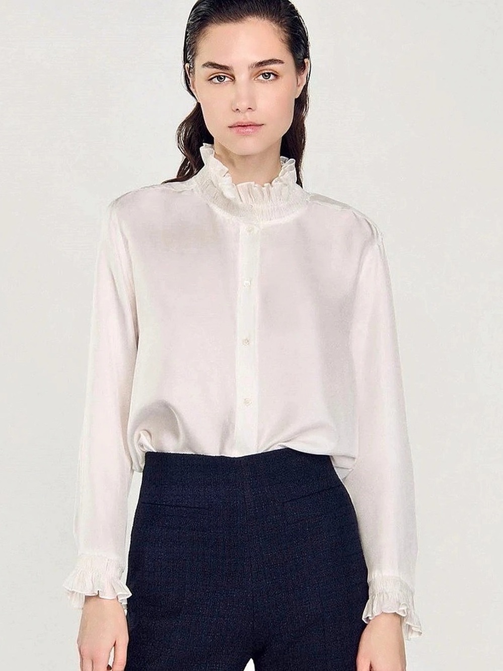 Sandro Paris Haby 100% Silk Ruffle High Neck Blouse Ivory Small